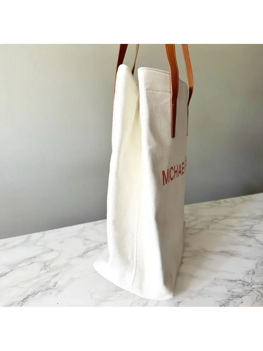 MICHAEL Michael Kors White Canvas Shoppers Tote with Brown Straps